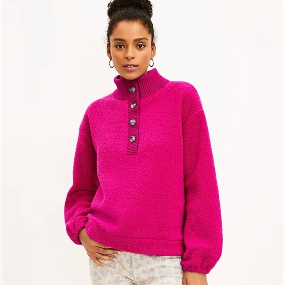 LOFT Cozy Teddy Sherpa 1/4 Pullover Sweatshirt Small Berry Raspberry Fuchsia